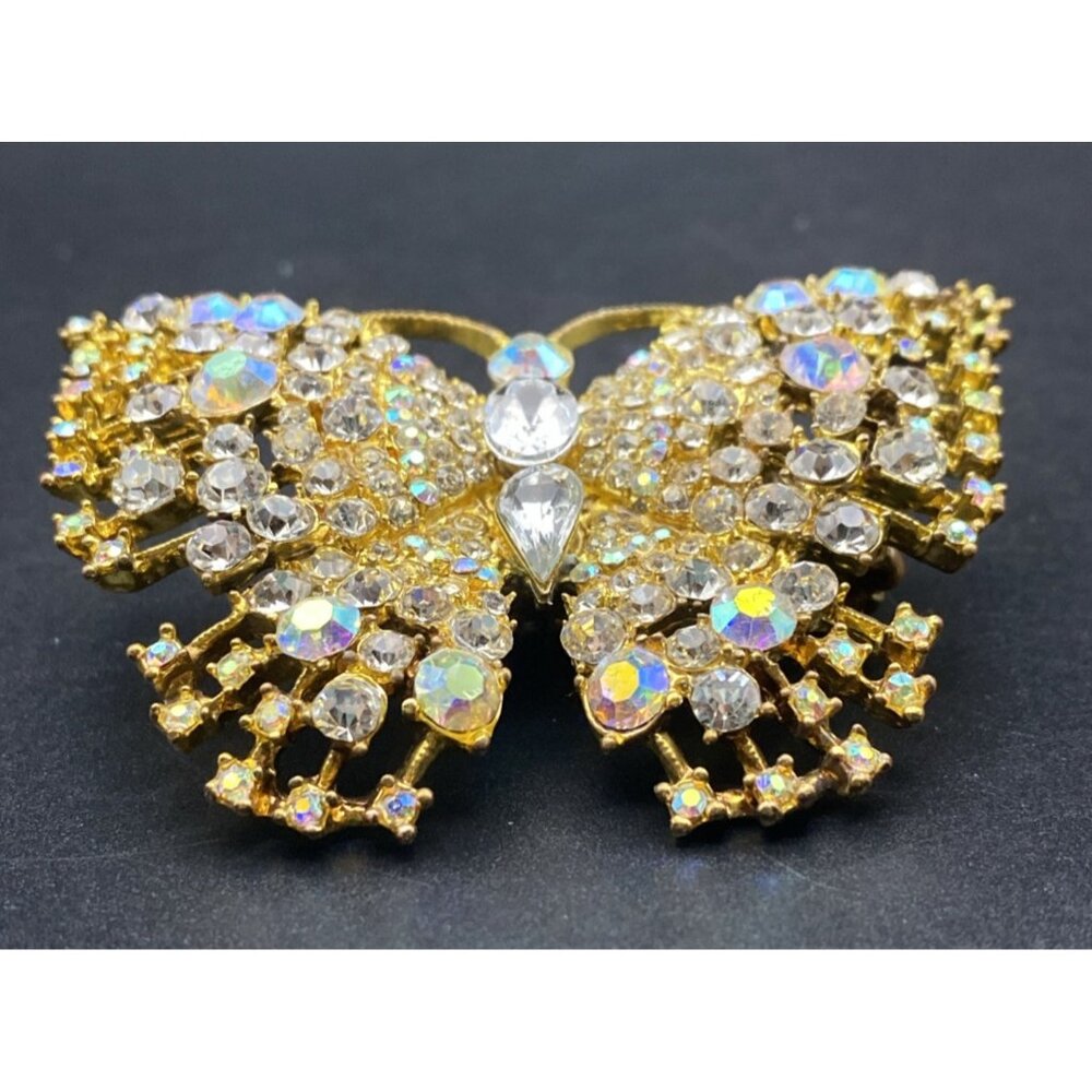 Butterfly Stretch Ring Gold Tone AB Clear Rhinestone Statement 2.5x2" Fairycore - Picture 6 of 10
